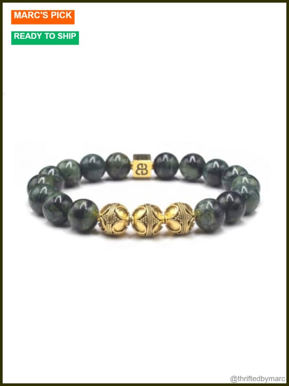 Men's Jade and Gold Beads Bracelet 22k Gold Plated Sterling Silver